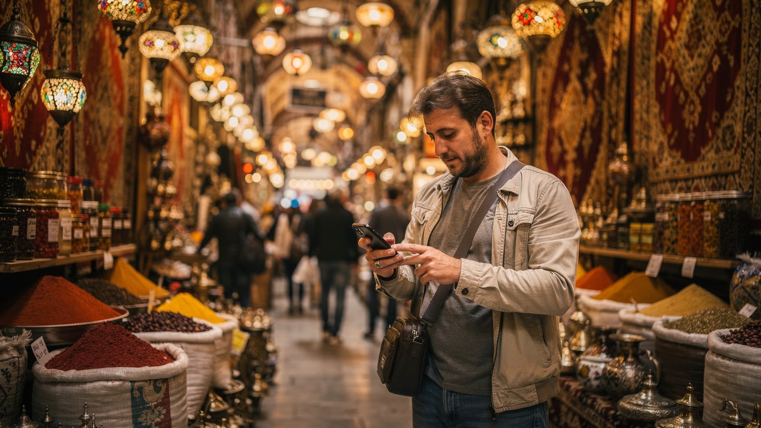 Un homme utilise son téléphone pour naviguer dans les ruelles étroites et animées du Grand Bazar d'Istanbul, entouré de tapis et de lampes colorées.