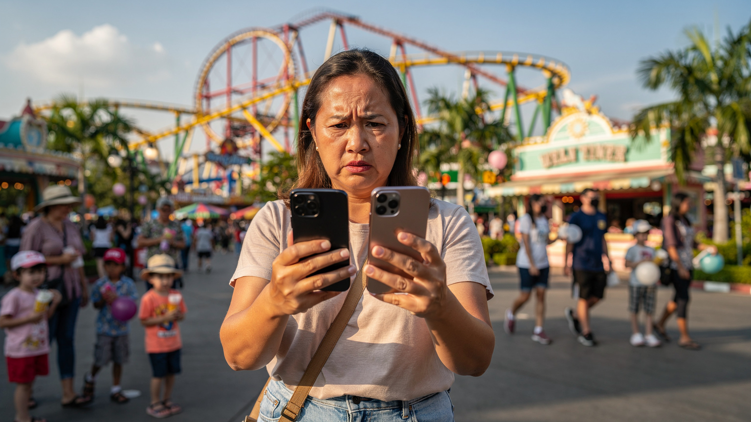 Seorang ibu memegang dua ponsel yang berbeda untuk membandingkan sinyal di taman hiburan Bangkok, dengan rollercoaster yang menjulang tinggi di latar belakang.