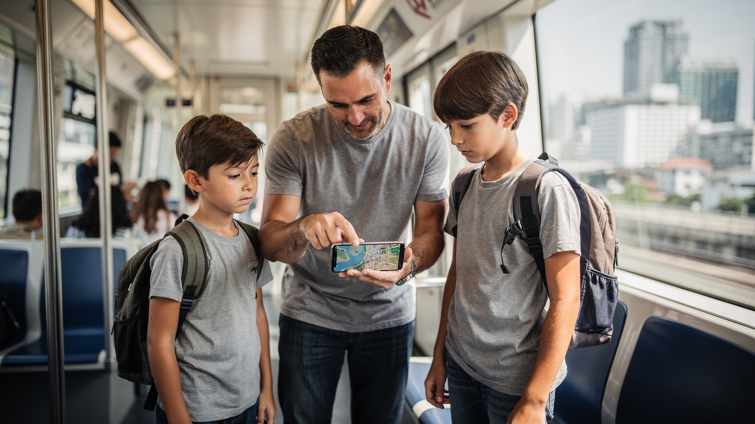 Seorang bapak sedang menunjukkan peta offline di ponselnya kepada anak-anaknya di dalam kereta BTS Skytrain di Bangkok, dengan pemandangan kota terlihat dari jendela.