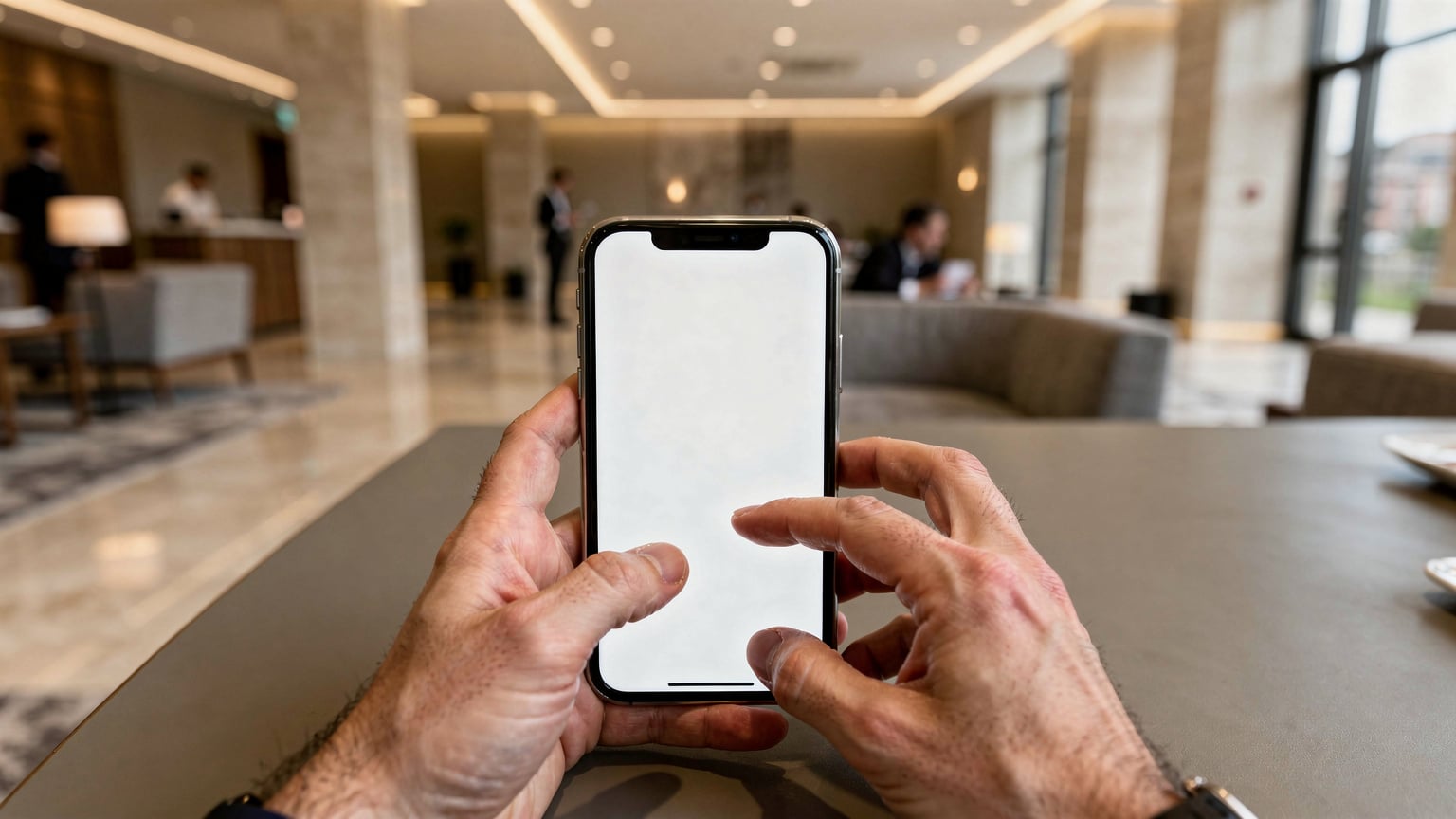 Nahaufnahme von Händen, die auf einem Smartphone durch die Einstellungen blättern, um die Hotspot-Funktion zu aktivieren, mit einer Hotellobby im Hintergrund.