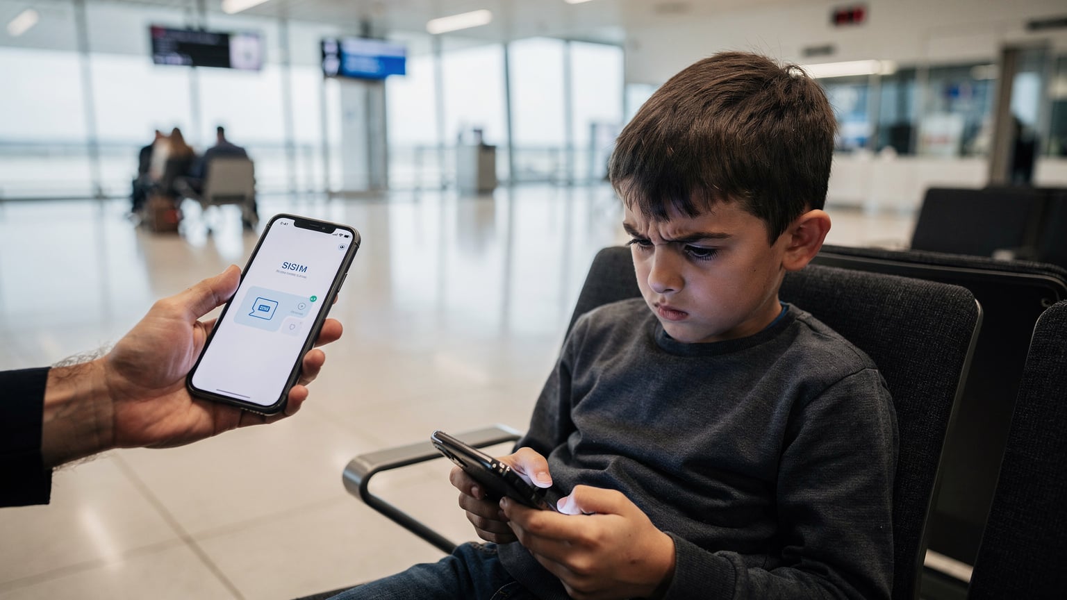Ein gelangweiltes Kind sitzt an einem Flughafen-Gate und schaut auf sein Handy, während ein Elternteil auf einem anderen Smartphone eine eSIM-App öffnet, um Daten nachzuladen.