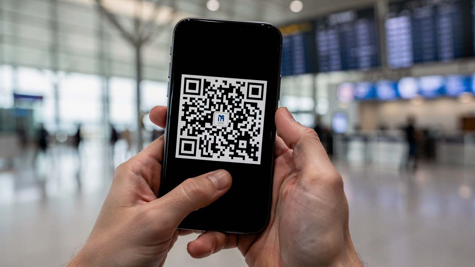 Ręce podróżnika trzymające smartfon, na którym widać proces instalacji eSIM z kodem QR, w tle nieostre, zatłoczone lotnisko w Casablance.