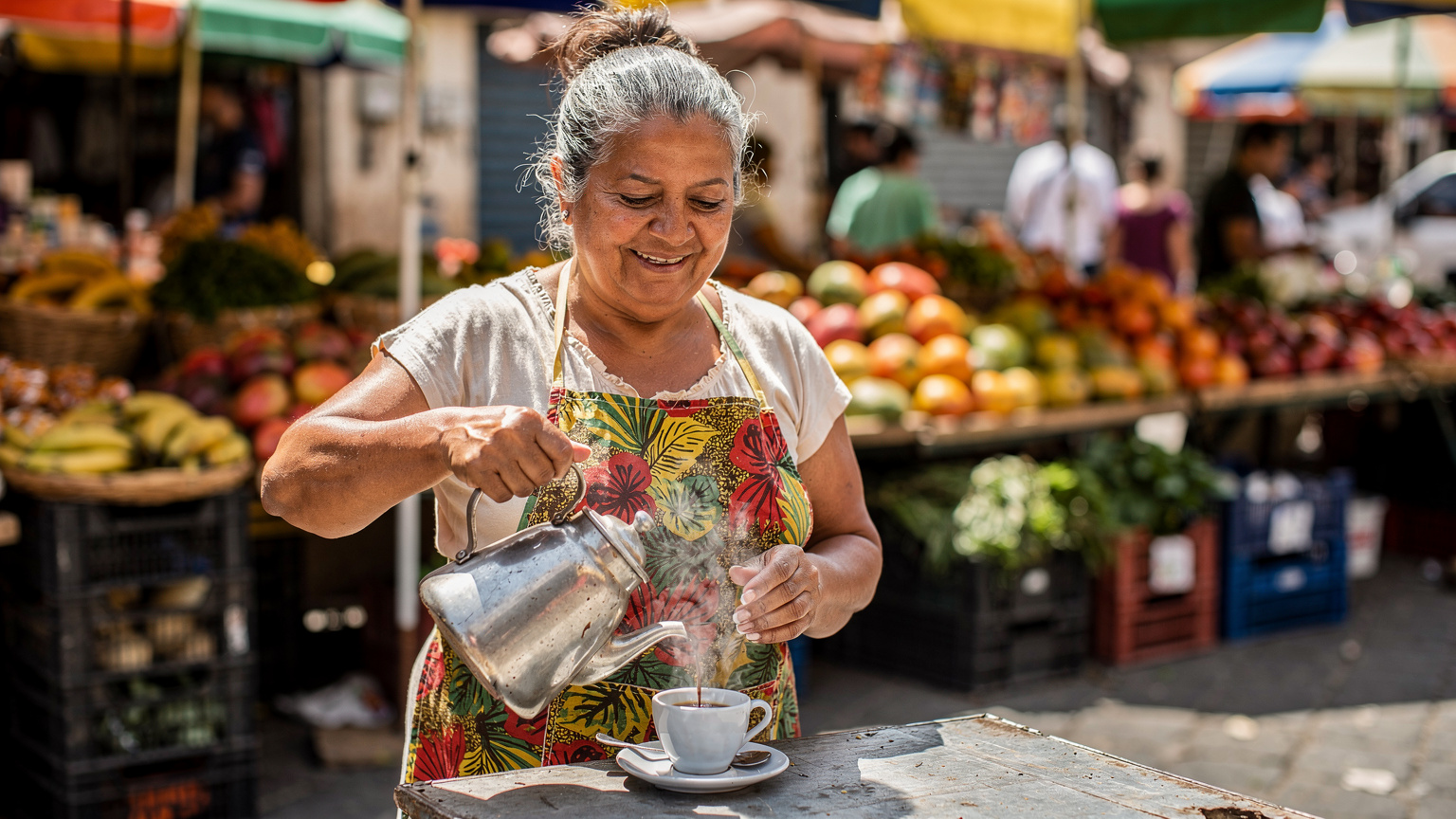 Una donna brasiliana anziana con un sorriso gentile serve un caffè forte e nero, il tradizionale 'cafezinho', da una grande brocca in un vivace mercato rionale di Belo Horizonte.