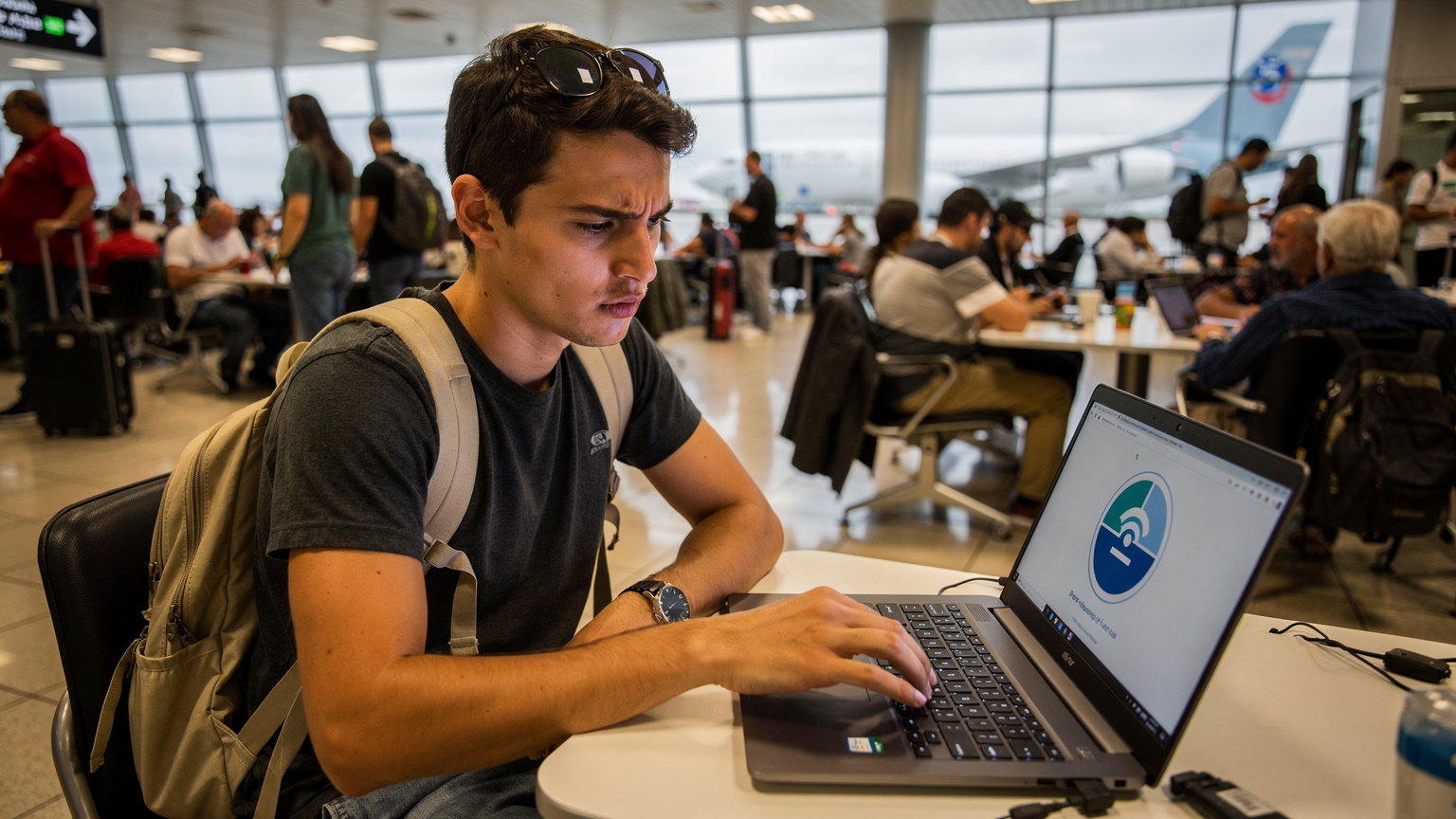 Un nomade digitale con occhiali da sole sta cercando di collegarsi a una rete Wi-Fi in un aeroporto affollato del Brasile, il suo laptop aperto mostra un'icona di errore di connessione.