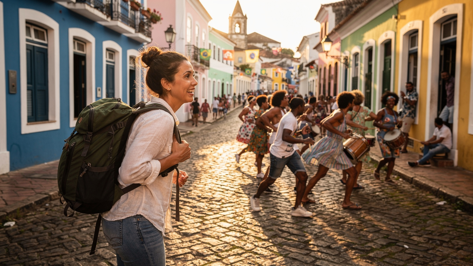 Una donna con uno zaino guarda un gruppo di persone che ballano la samba in una strada affollata di Salvador, Bahia, con edifici storici colorati sullo sfondo.