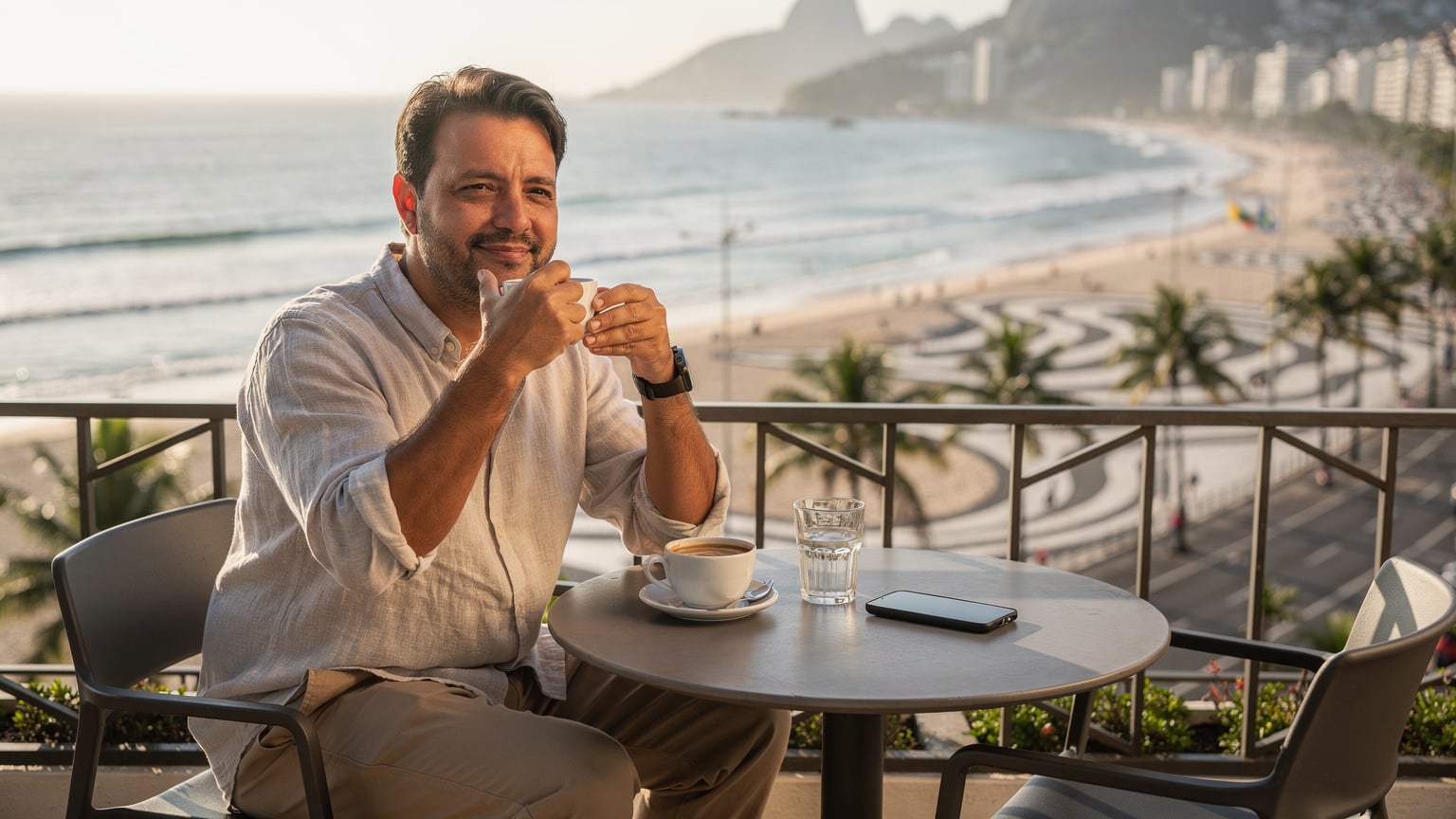 Un bărbat brazilian relaxat stând într-o cafenea în aer liber, cu o vedere panoramică a plajei Copacabana din Rio de Janeiro, bucurându-se de o cafea, cu smartphone-ul lângă el pe masă.