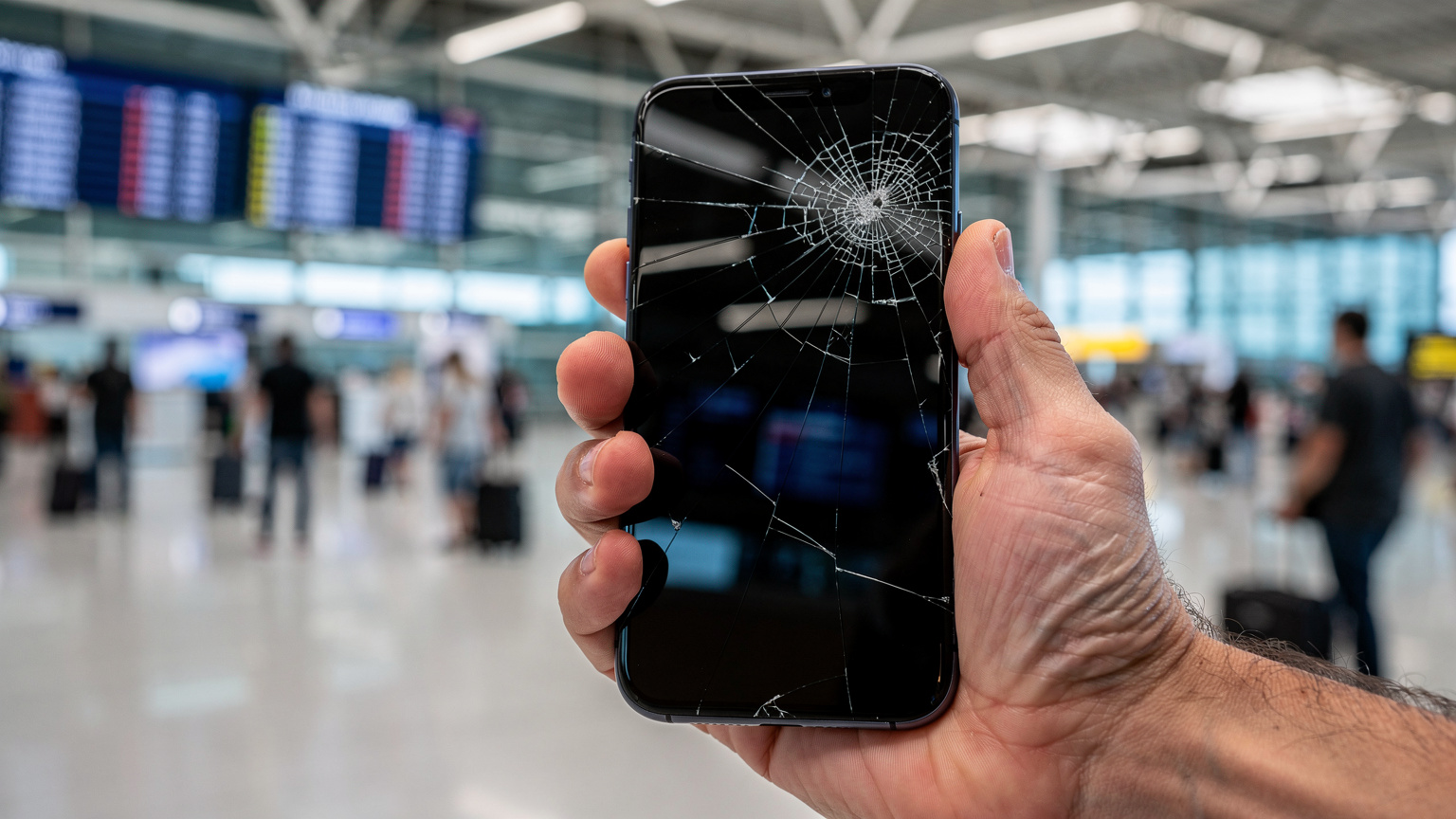 Mână de părinte ținând un smartphone cu ecranul spart, pe fundalul unui aeroport brazilian aglomerat, sugerând o situație de urgență sau o problemă neprevăzută.