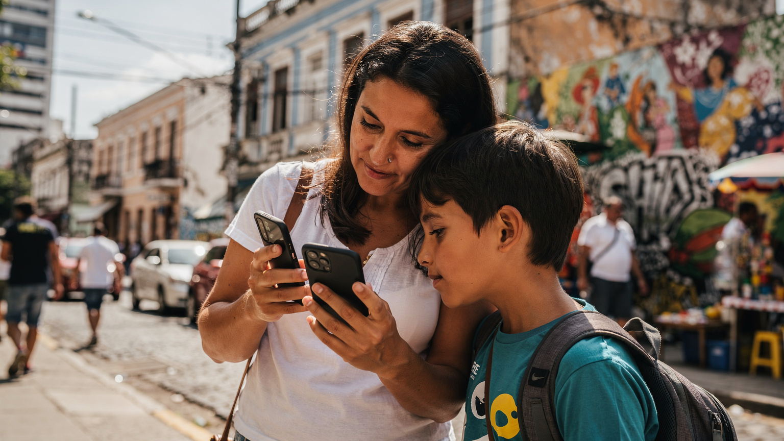 O mamă arată pe telefonul său unui copil hărțile offline, într-o zonă urbană braziliană aglomerată.