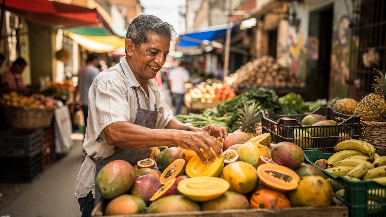 A street vendor in a bustling market in Venezuela, offering fresh produce and local goods, with a traveler discreetly observing the scene.