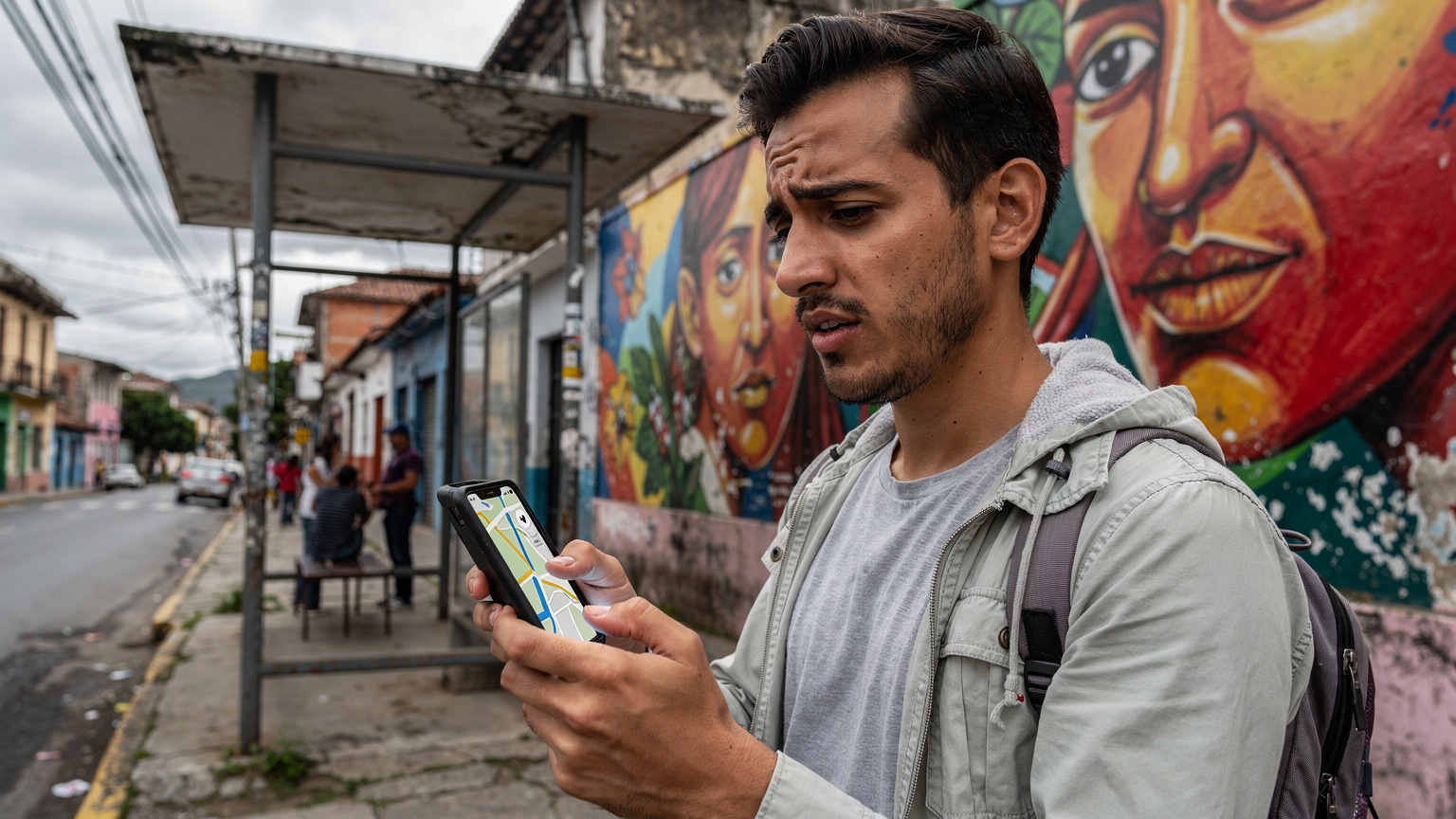 A traveler looking slightly concerned at a phone displaying a map, while waiting at a bus stop in a Venezuelan city, suggesting a moment of navigation challenge.