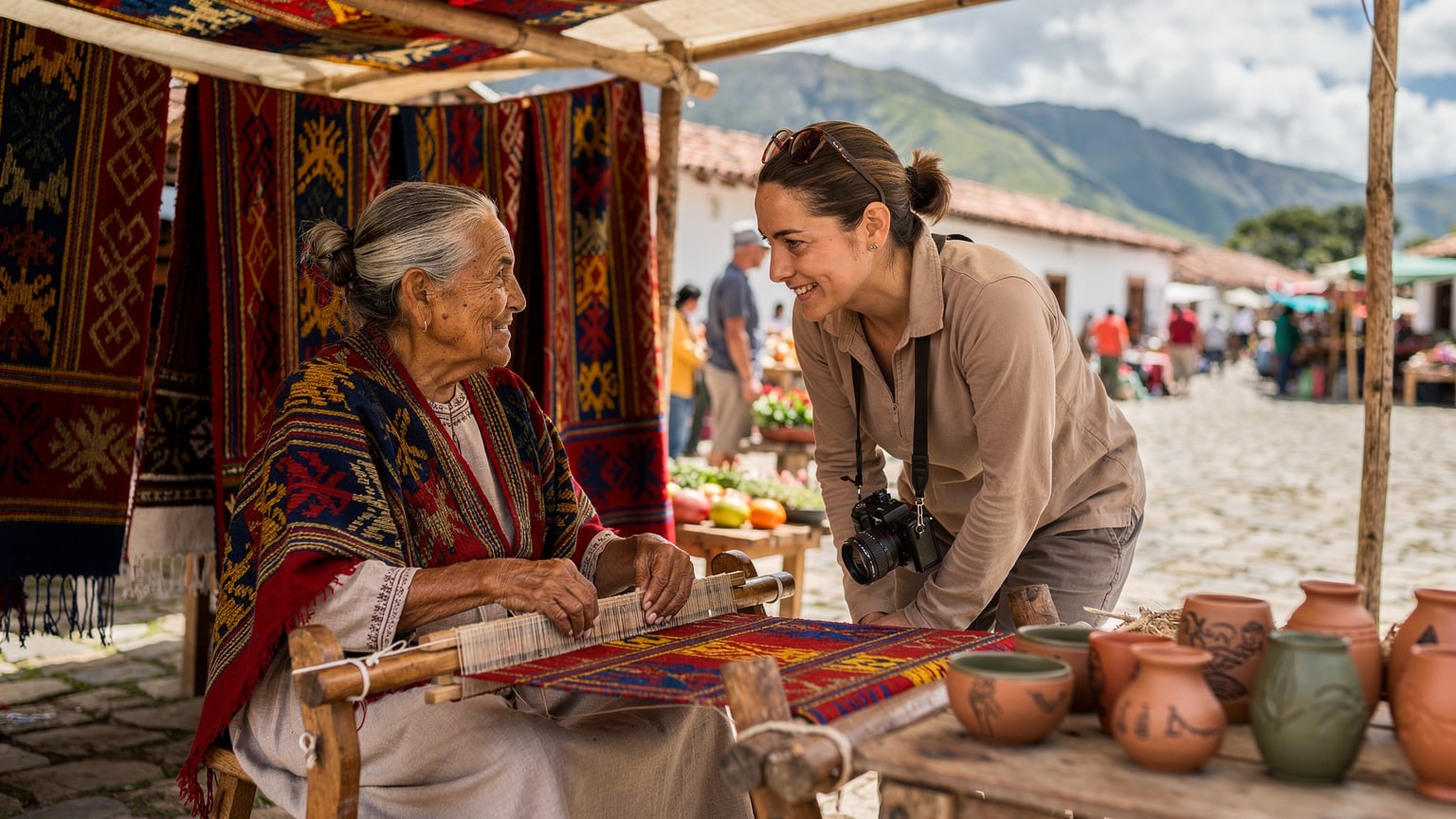 A traveler politely interacting with a local artisan at a vibrant craft market in a rural Venezuelan town, showing mutual respect and cultural exchange.