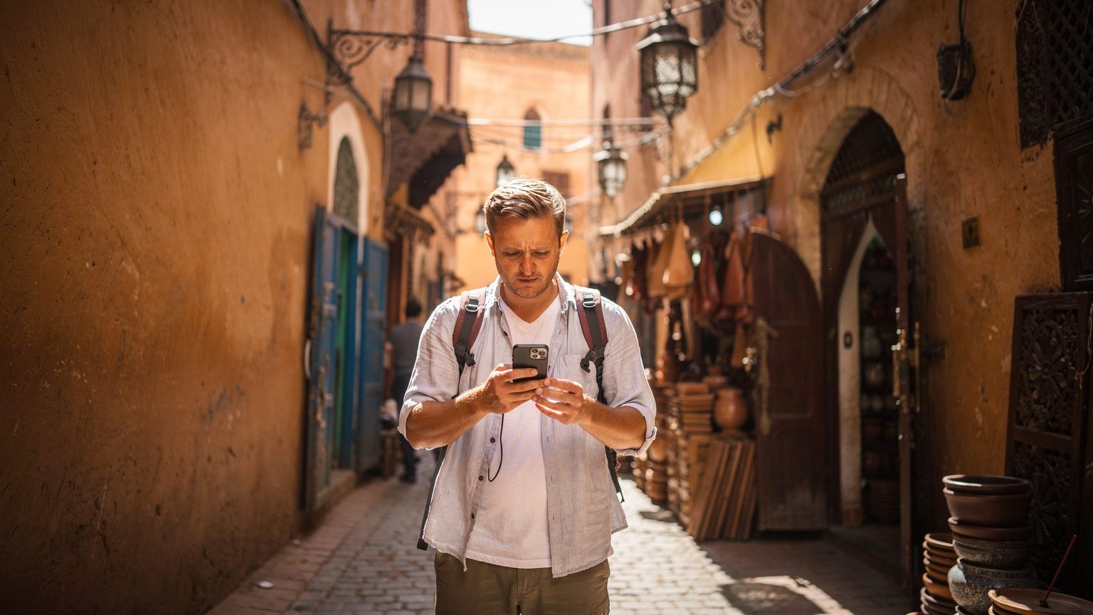 Traveller, stojący w wąskiej, zacienionej uliczce medyny w Fezie, z lekkim zaniepokojeniem patrzy na swój smartfon, próbując złapać sygnał, wokół niego widać zabytkowe mury i tradycyjne lampy.