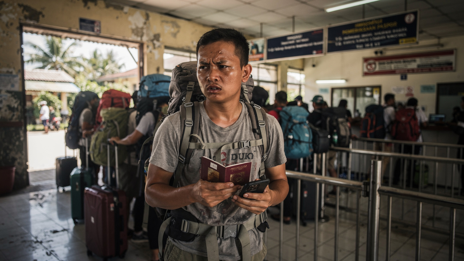 A solo backpacker looking frustrated, holding their phone and an open passport, standing in a long, confusing queue at a land border crossing in Southeast Asia, with signs in multiple languages.