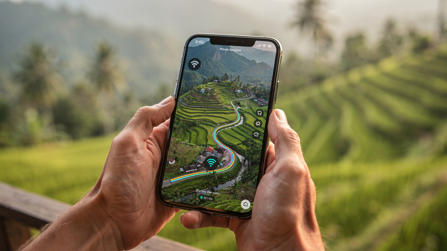 A close-up of a traveler's hands holding a smartphone, with a map app showing a detailed route through a lush, green Indonesian landscape, indicating good GPS and data connectivity.