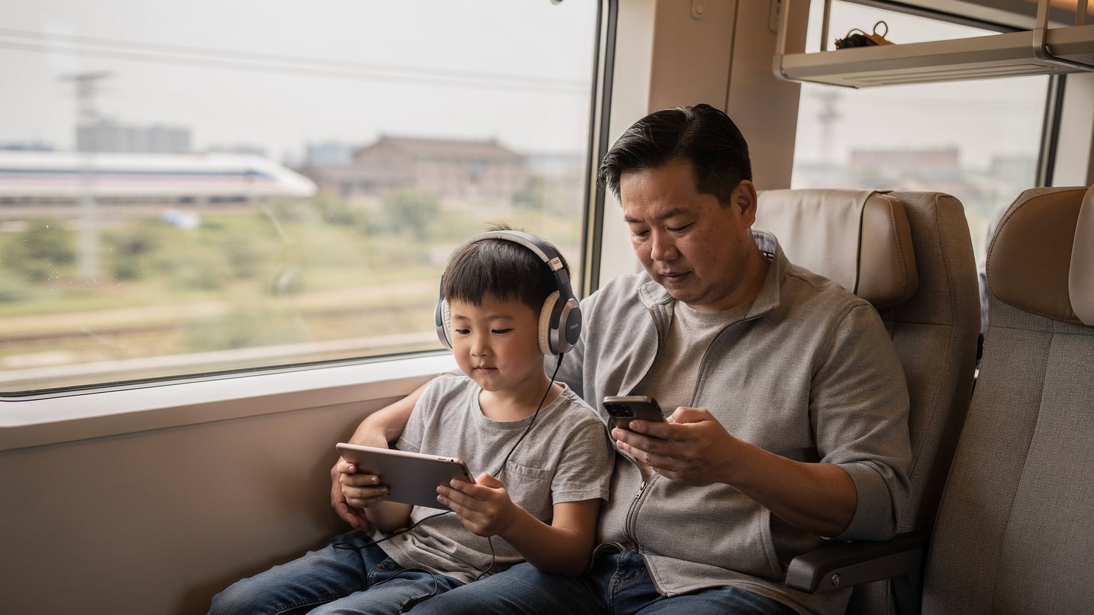 A parent and child sharing a quiet moment on a high-speed train in China, with the child engrossed in a game on a tablet and the parent checking their phone, both connected.