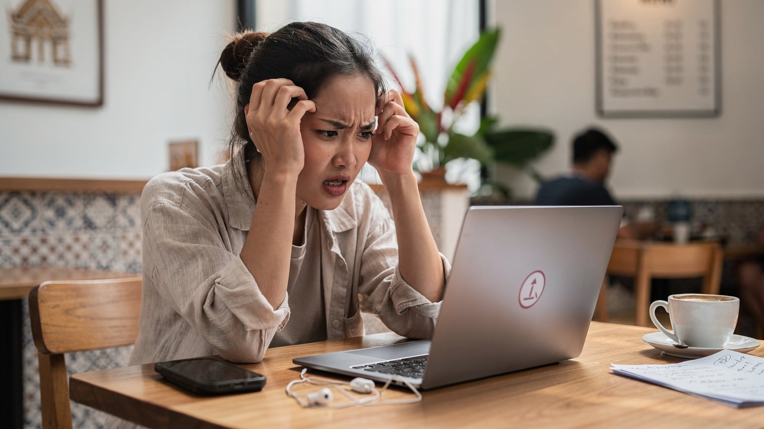 Bangkok'ta bir kafede, laptopunda internet sorunu yaşayan bir kadının elleri, ekranda hata mesajı varken yorgunlukla başını tutuyor.