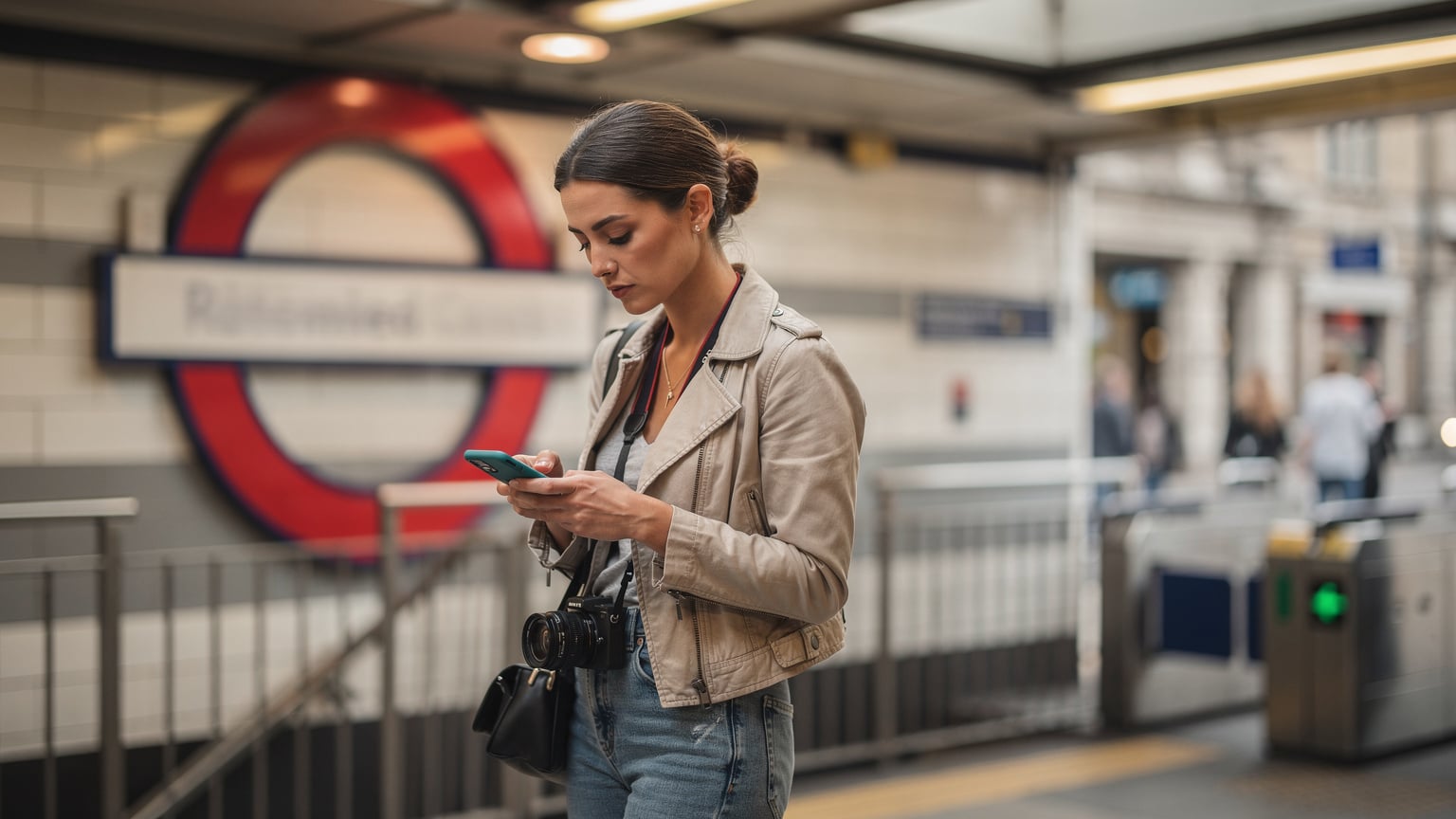Reiziger controleert de tube-kaart op haar telefoon bij de ingang van een Londense metrostation.