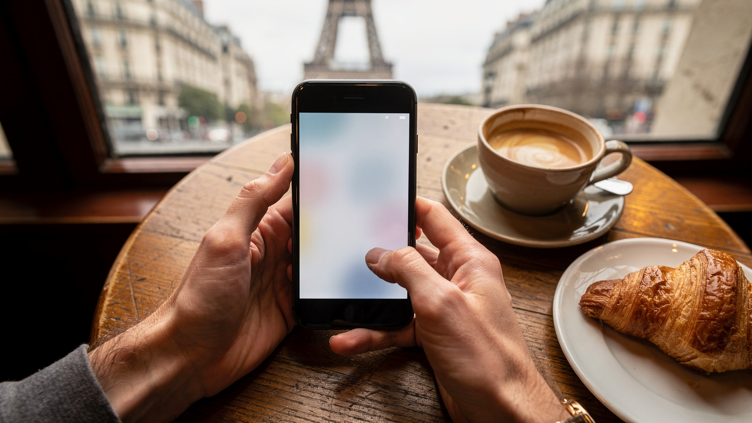 Een persoon probeert een openbare wifi te verbinden in een Parijse café, met zicht op de Eiffeltoren in de verte.
