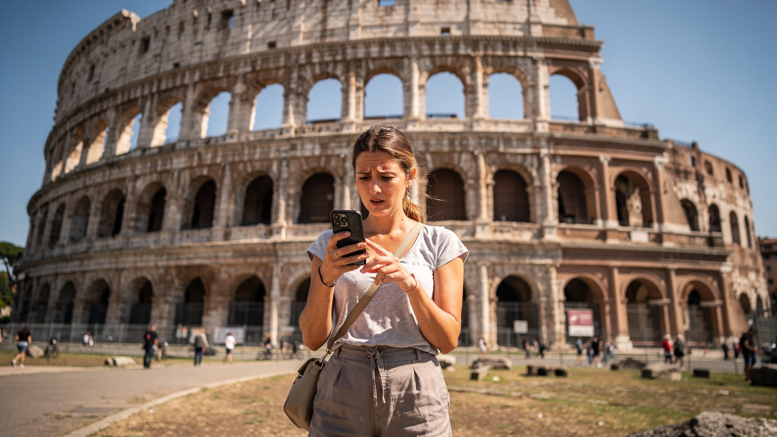 Een toerist checkt haar telefoon voor navigatie bij het Colosseum in Rome, met de zon hoog aan de hemel.