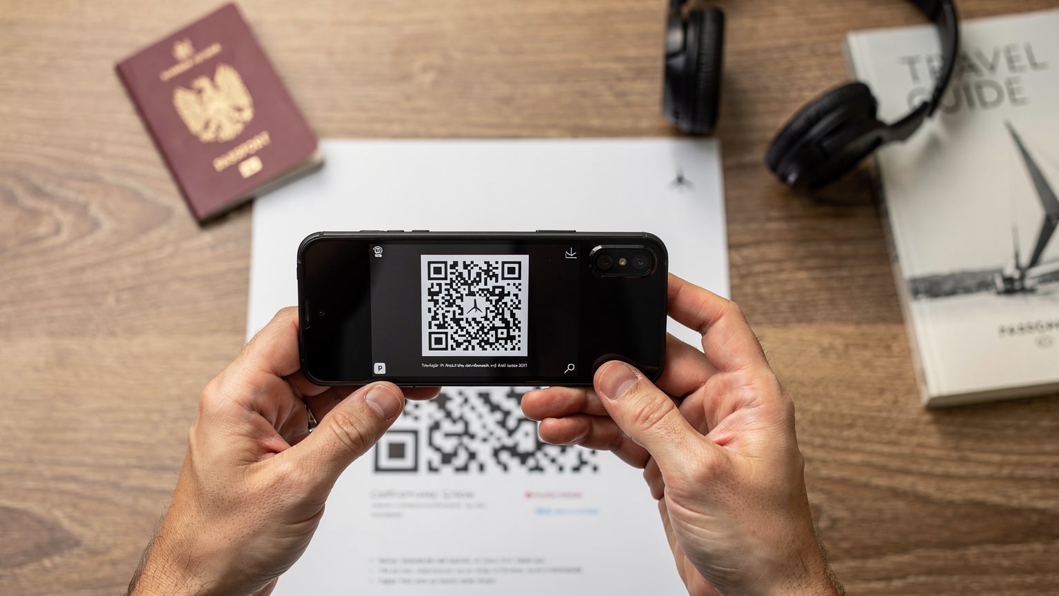 Close-up van handen die een QR-code scannen op een telefoon om een eSIM te activeren, met een paspoort en reisgids op de achtergrond.