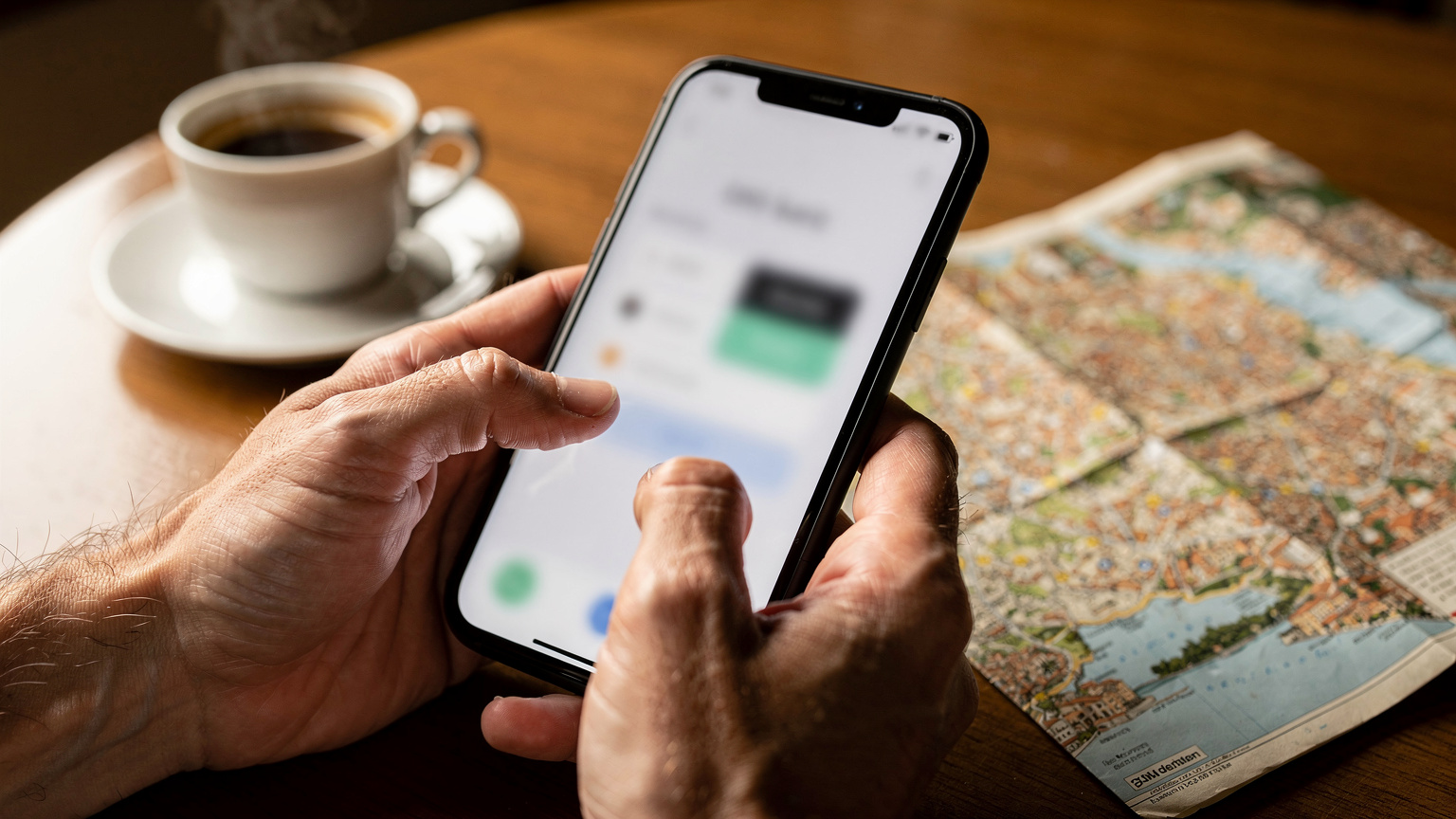 Un primo piano delle mani di una persona che sta configurando una eSIM sul suo smartphone, con l'interfaccia utente visibile ma senza testo leggibile, in un ambiente accogliente con una tazza di caffè e una mappa turistica sullo sfondo.