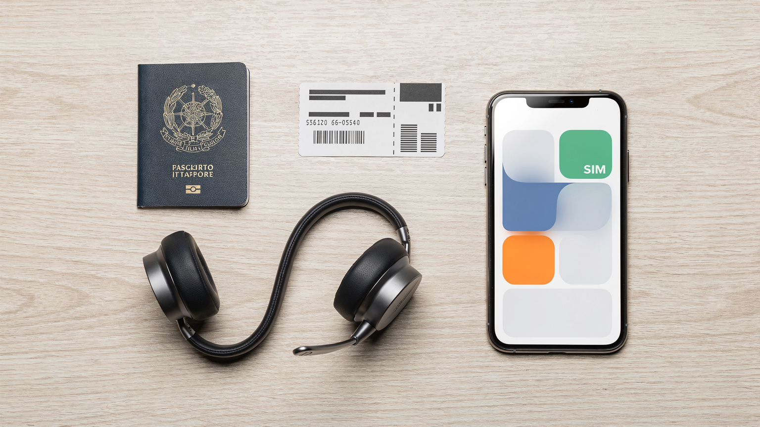 Un primo piano di un passaporto italiano, un biglietto aereo, cuffie wireless e uno smartphone con l'interfaccia di un'app eSIM sullo schermo (senza testo leggibile), disposti su un tavolo di legno chiaro, pronti per un viaggio.