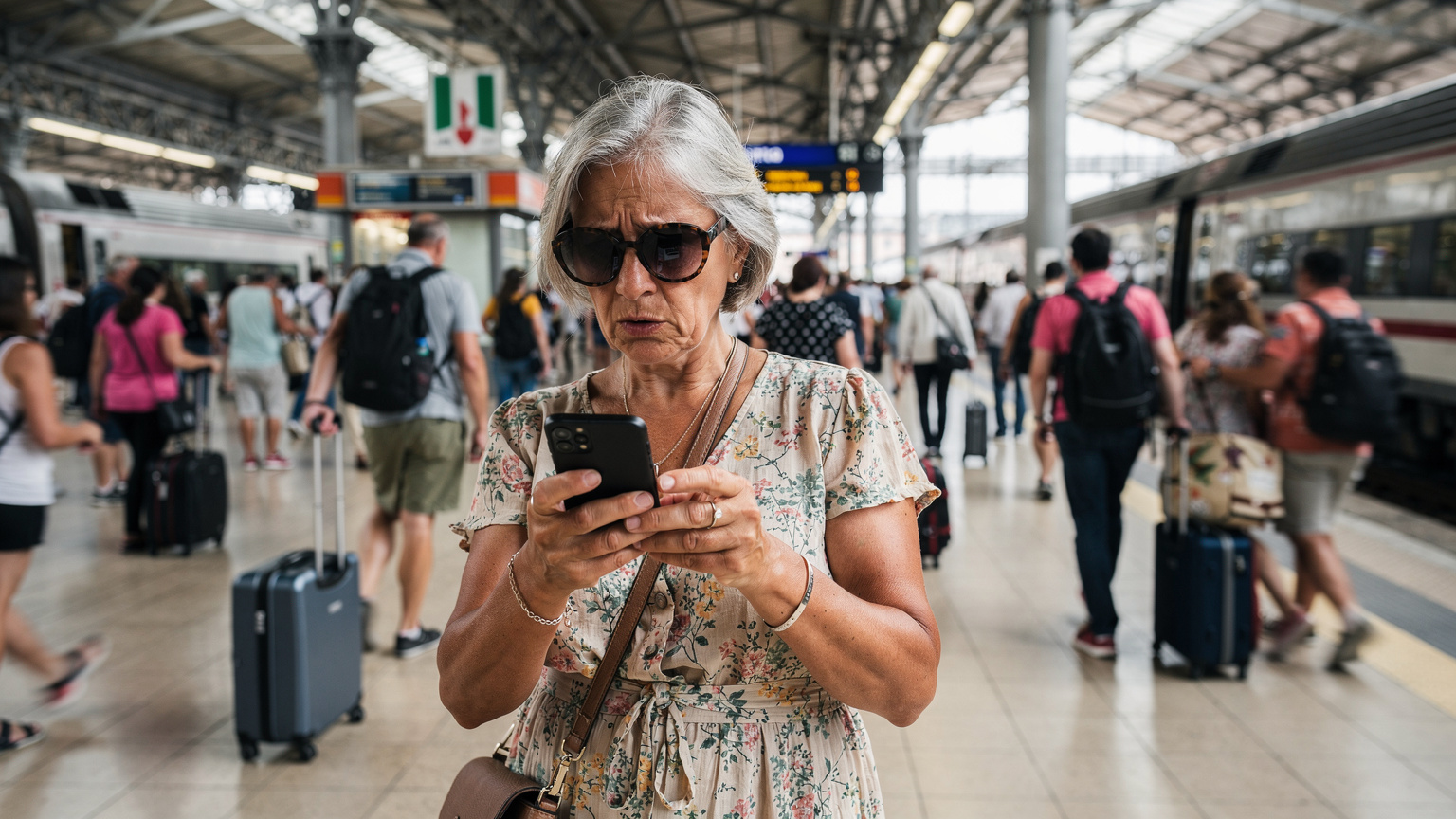 Una donna anziana con occhiali da sole sta cercando di usare il suo smartphone per trovare una stazione ferroviaria, con un'espressione di frustrazione, mentre si trova nella folla in una stazione ferroviaria affollata di Roma Termini.