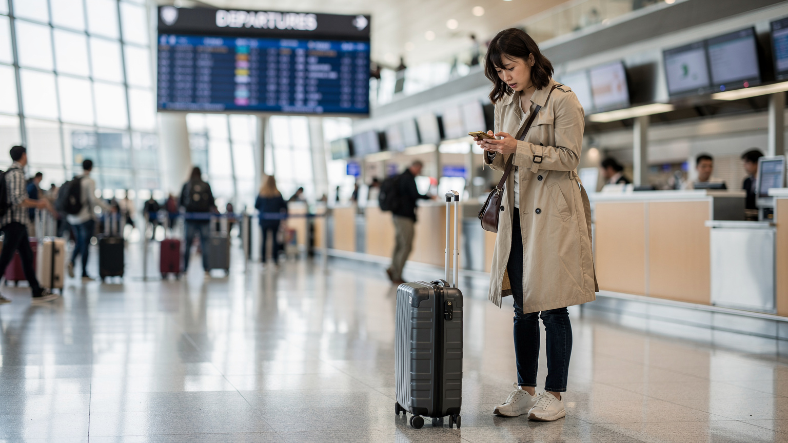 空港のチェックインカウンター前で、スマートフォンを手に困った顔をしている旅行者。背後には出発便の案内板が見える。