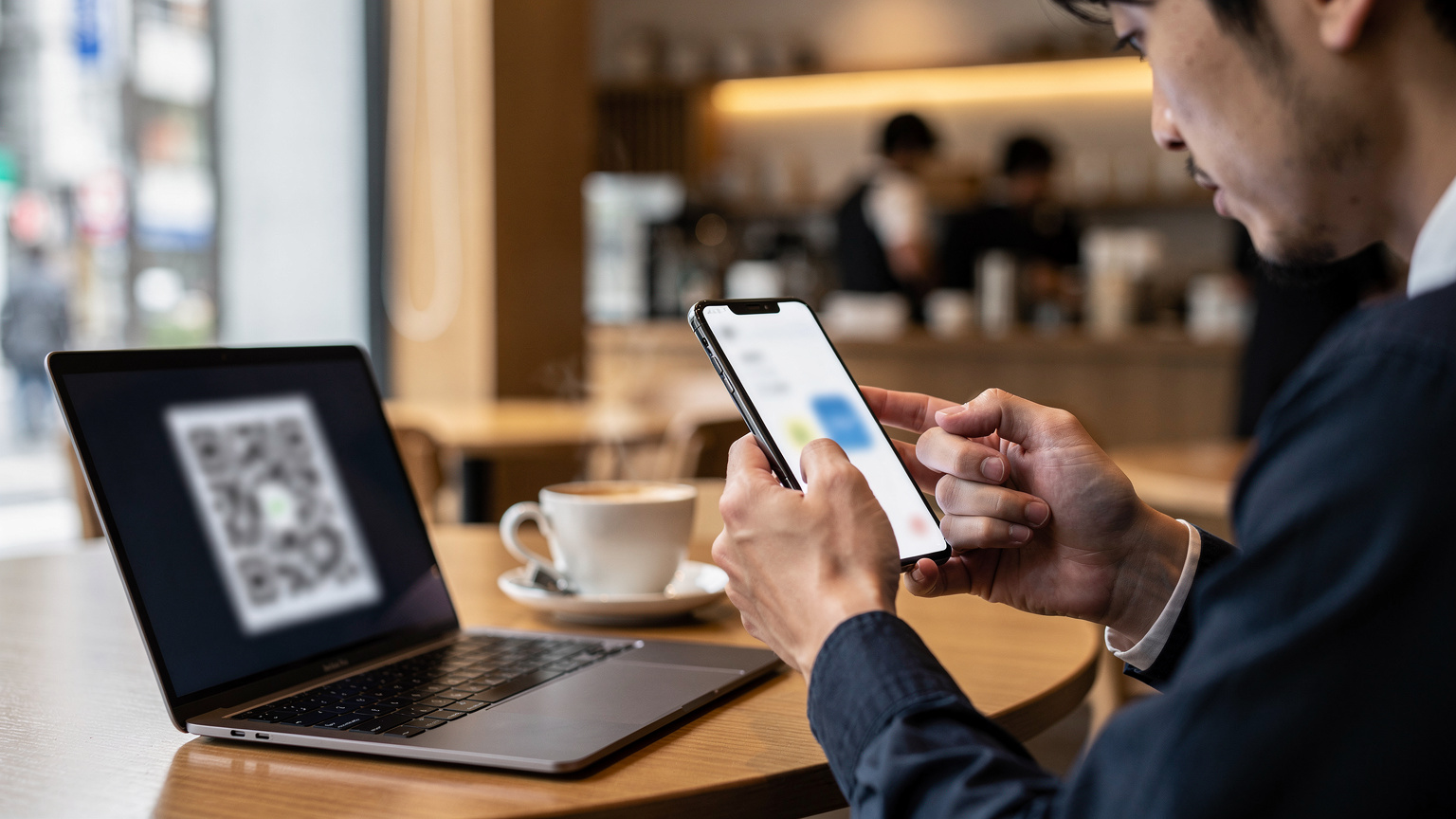カフェでノートパソコンとスマートフォンのeSIM設定画面を見比べながら、真剣な表情で作業する男性の手元。コーヒーカップが隣に置かれている。