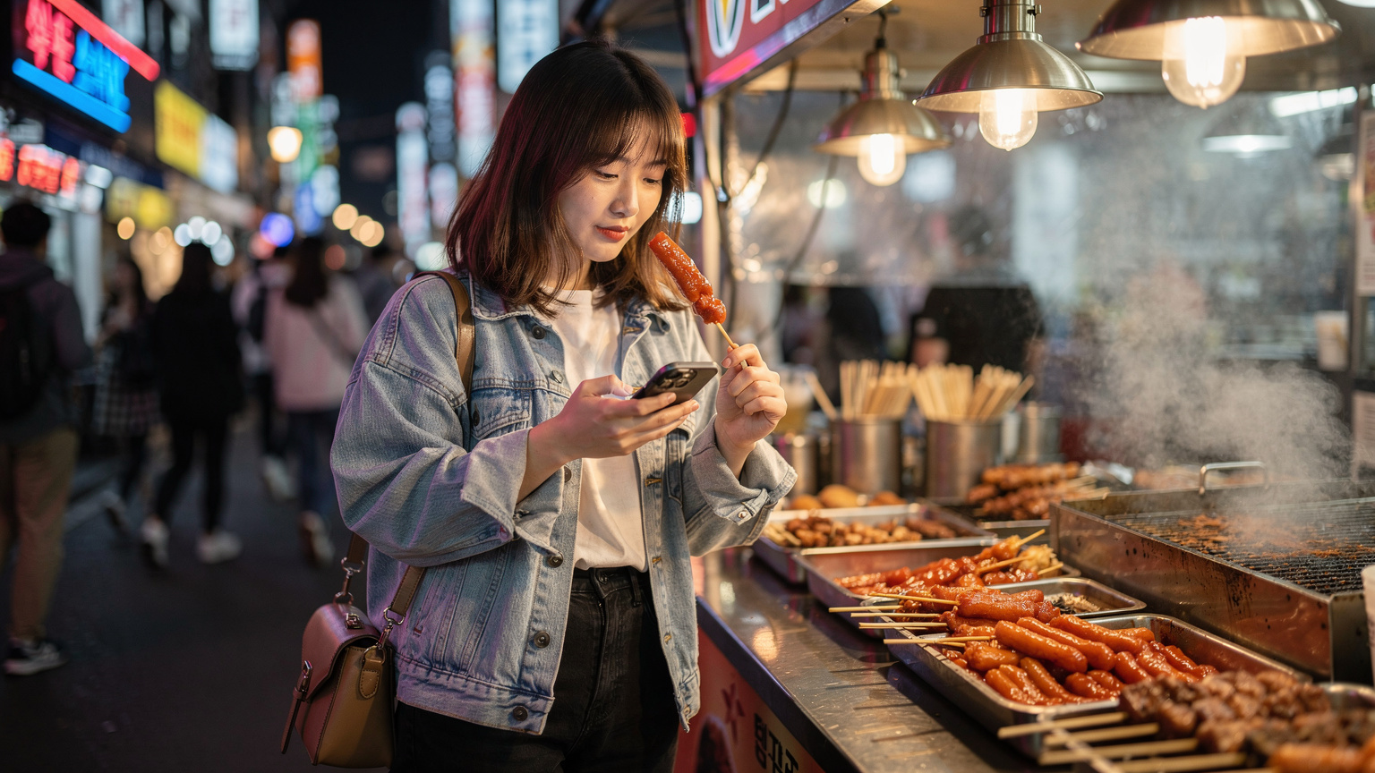 韓国の明洞の屋台でスマートフォンを使いながら注文を待つ若い旅行者。賑やかな夜の街の雰囲気が伝わる。