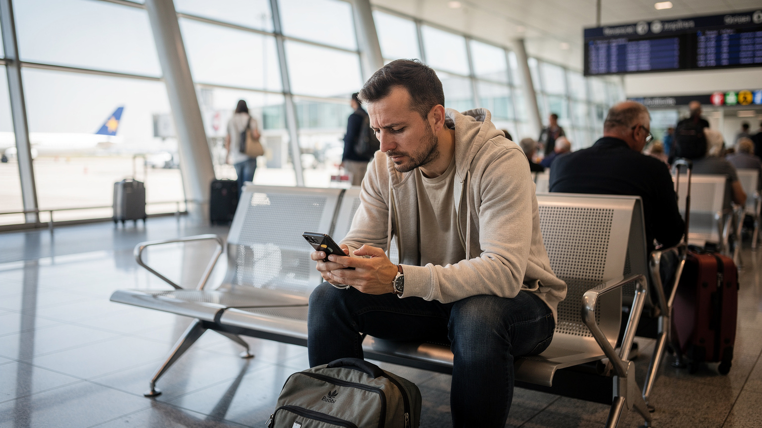 Ein Reisender sitzt auf einem Flughafen in Frankfurt und blickt besorgt auf sein Smartphone, das eine 'Kein Netz'-Meldung anzeigt, während im Hintergrund andere Reisende vorbeigehen.