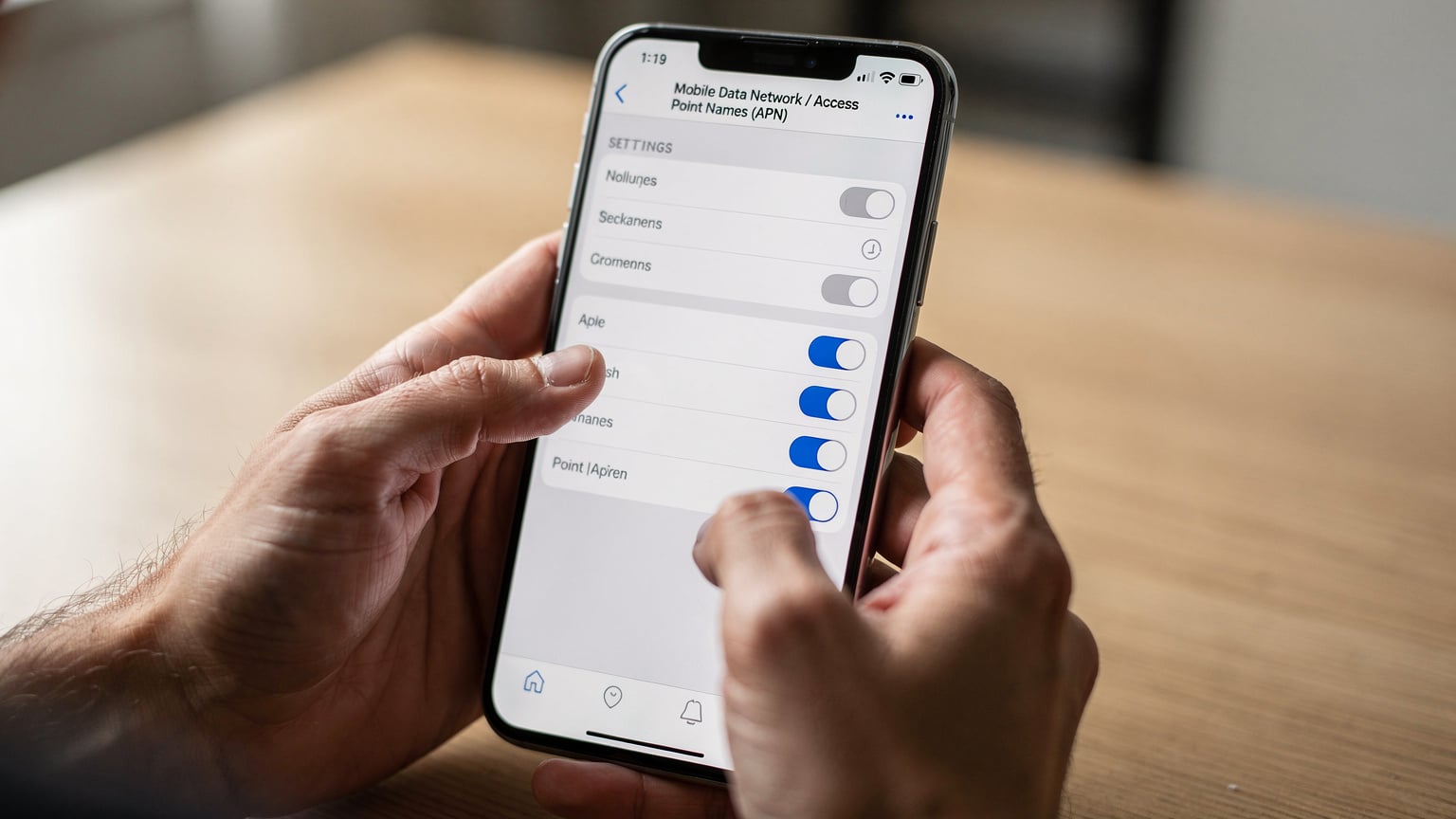 Nahaufnahme eines Smartphones, das die Einstellungen für Mobilfunknetze anzeigt, wobei der Bereich für APN-Einstellungen hervorgehoben ist. Die Hände eines Reisenden halten das Gerät.