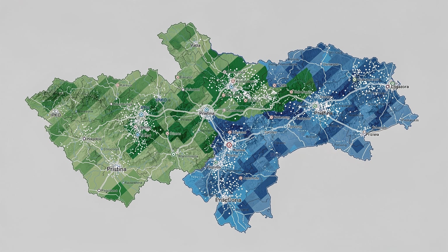 Eine digitale Karte zeigt farbcodierte Gebiete des Kosovo, die die 4G-Netzabdeckung der Mobilfunkanbieter IPKO und Vala detailliert darstellen, mit Legenden für Signalstärke.