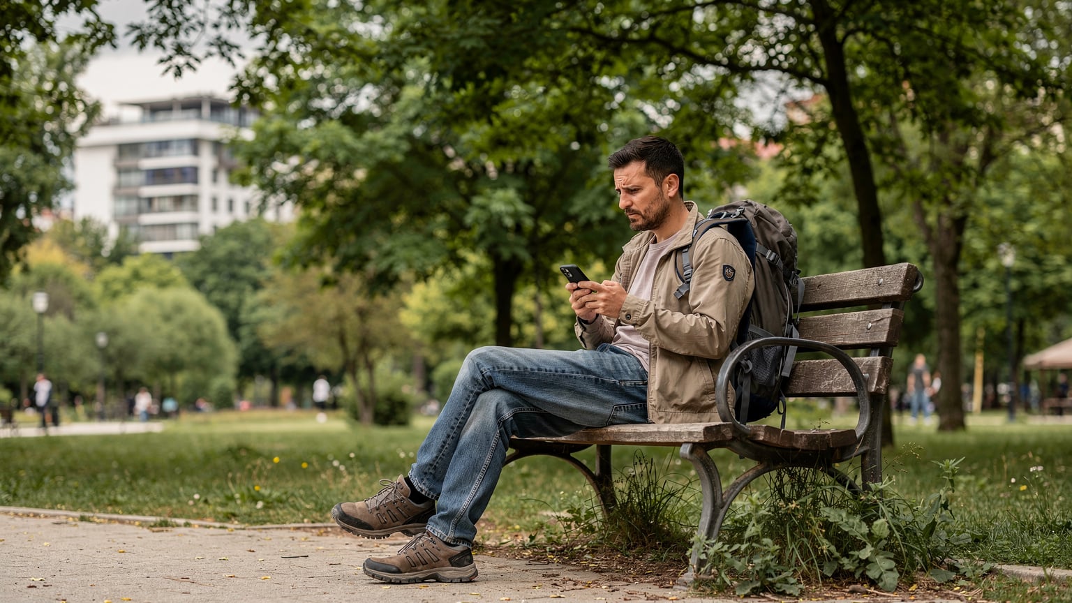 Ein Reisender sitzt nachdenklich auf einer Bank im Germia Park in Pristina, blickt besorgt auf sein Smartphone, das eine Fehlermeldung oder fehlende Verbindung anzeigt, mit grünen Bäumen und einer modernen Gebäudefront im Hintergrund.
