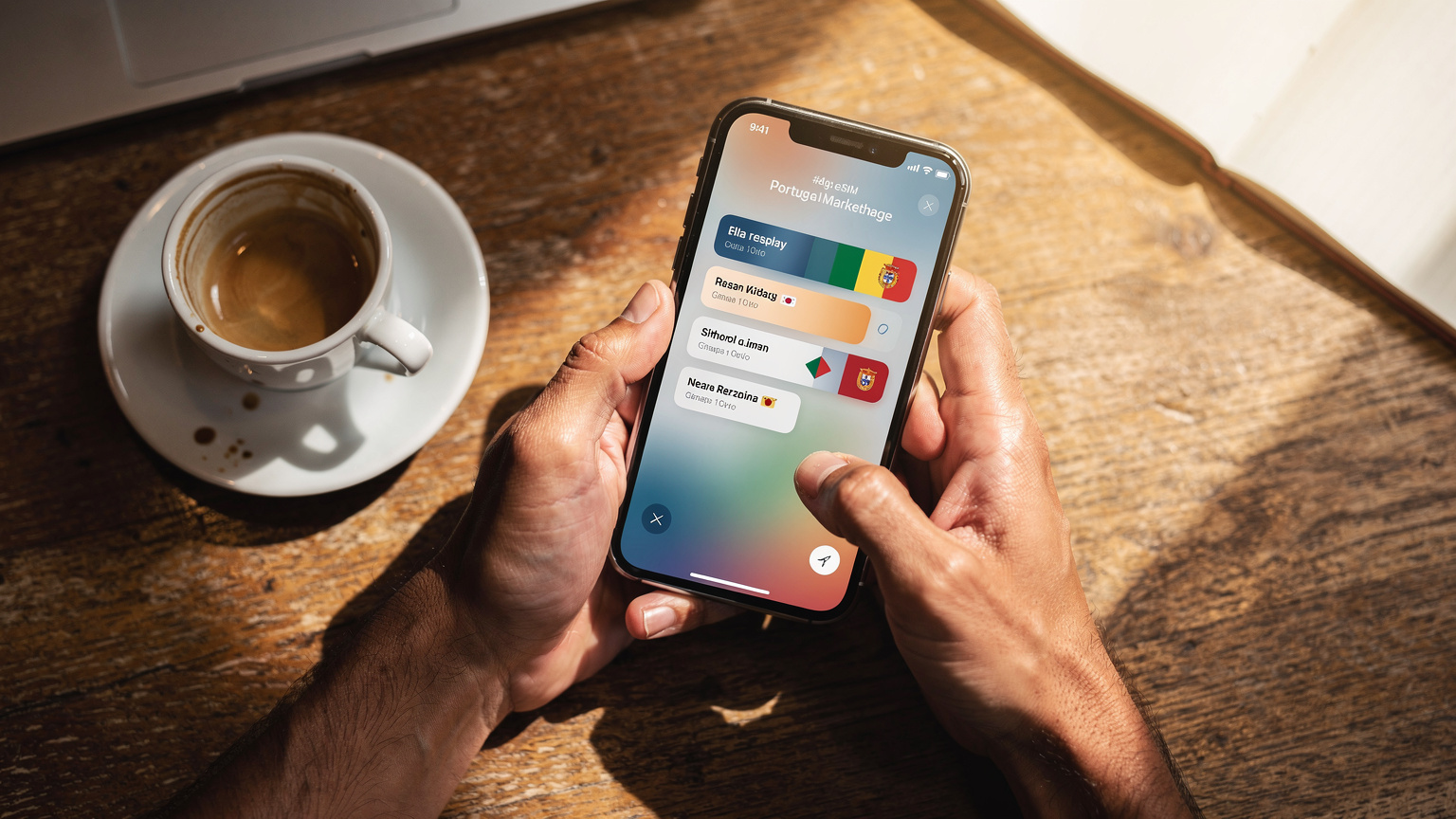 Hände halten ein Smartphone mit einer geöffneten eSIM-App, die verschiedene Datentarife für Reiseziele anzeigt, symbolisierend die Auswahl.