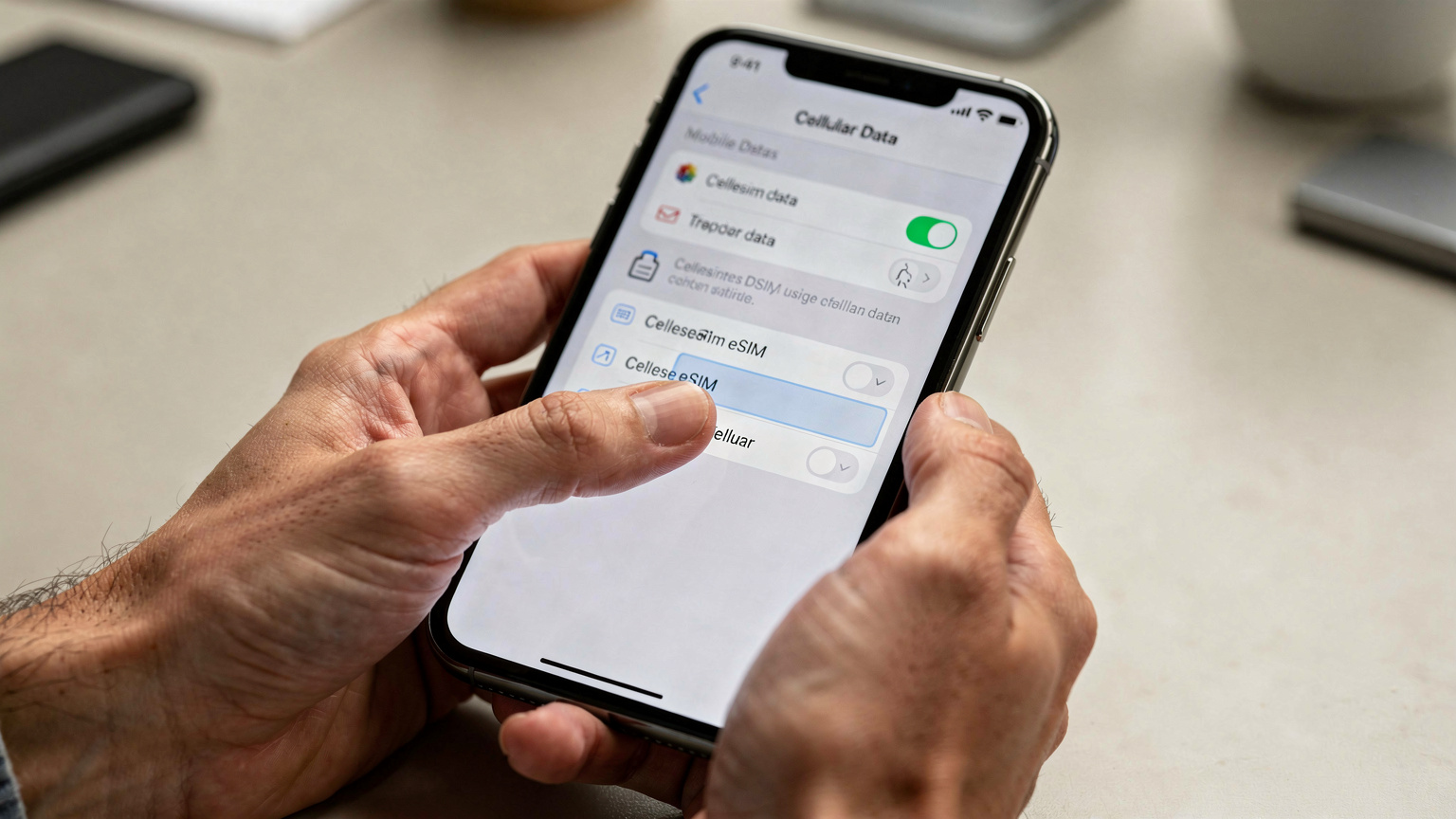 Eine Nahaufnahme von Händen, die auf einem Smartphone-Bildschirm die Mobilfunkeinstellungen anpassen, um die eSIM für Daten zu priorisieren.