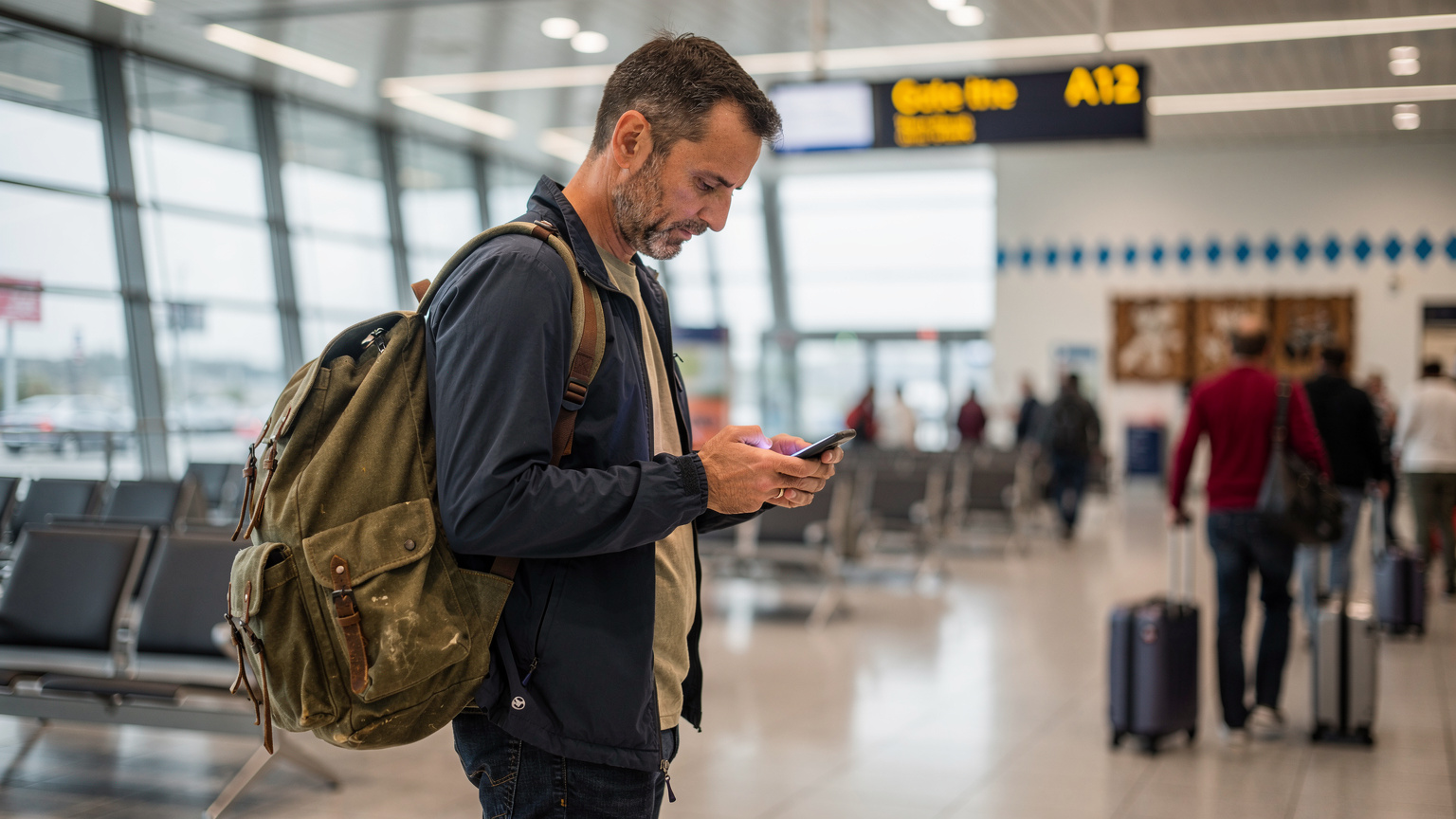 Ein Reisender am Flughafen überprüft die eSIM-Kompatibilität seines Smartphones, während er auf seinen Flug wartet.