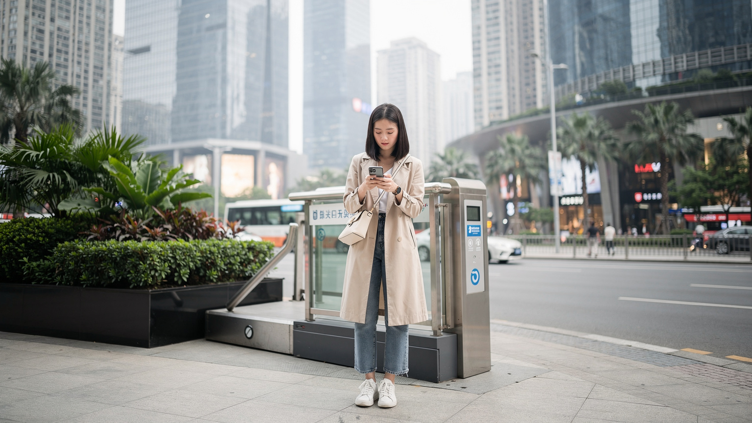 一名年輕女子在廣州珠江新城的地鐵站出口,手持手機查看訊息,背景是高樓林立的現代都市景觀。