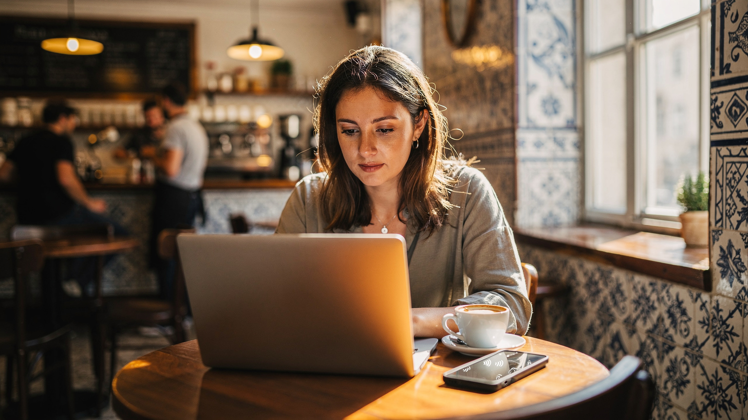 Een digitale nomade werkt op haar laptop in een bruisend café in Lissabon, Portugal, met haar smartphone prominent naast haar, duidelijk verbonden.