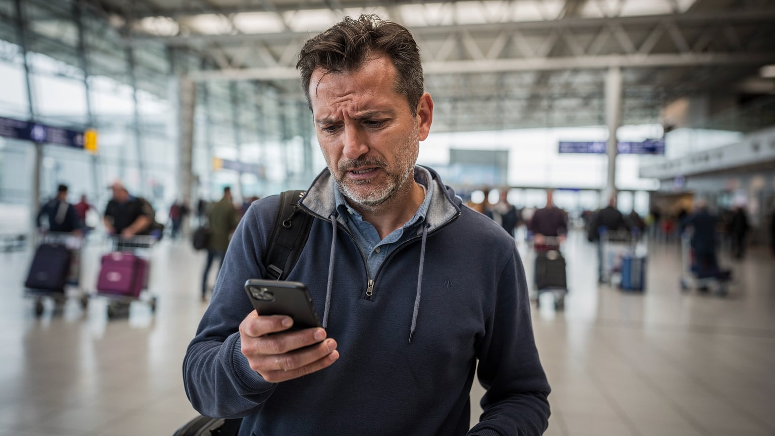 Een gefrustreerde reiziger kijkt naar zijn telefoon in de aankomsthal van luchthaven Zaventem in Brussel, waar hij geen verbinding krijgt.