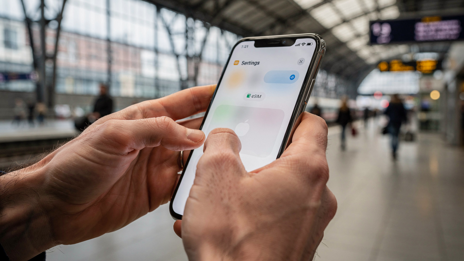 Een close-up van handen die een smartphone vasthouden, waarbij de focus ligt op de digitale interface van de eSIM-instellingen, met een wazige achtergrond van een Europees treinstation.