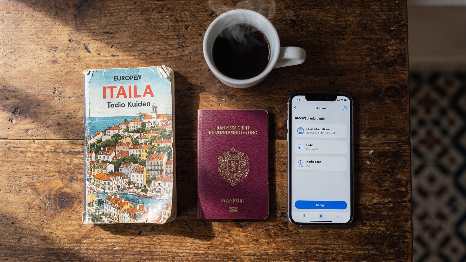 Een georganiseerde overhead flat-lay van een paspoort, smartphone met eSIM-instellingen, reisgids en een kopje koffie op een houten tafel in een gezellige Europese Airbnb.