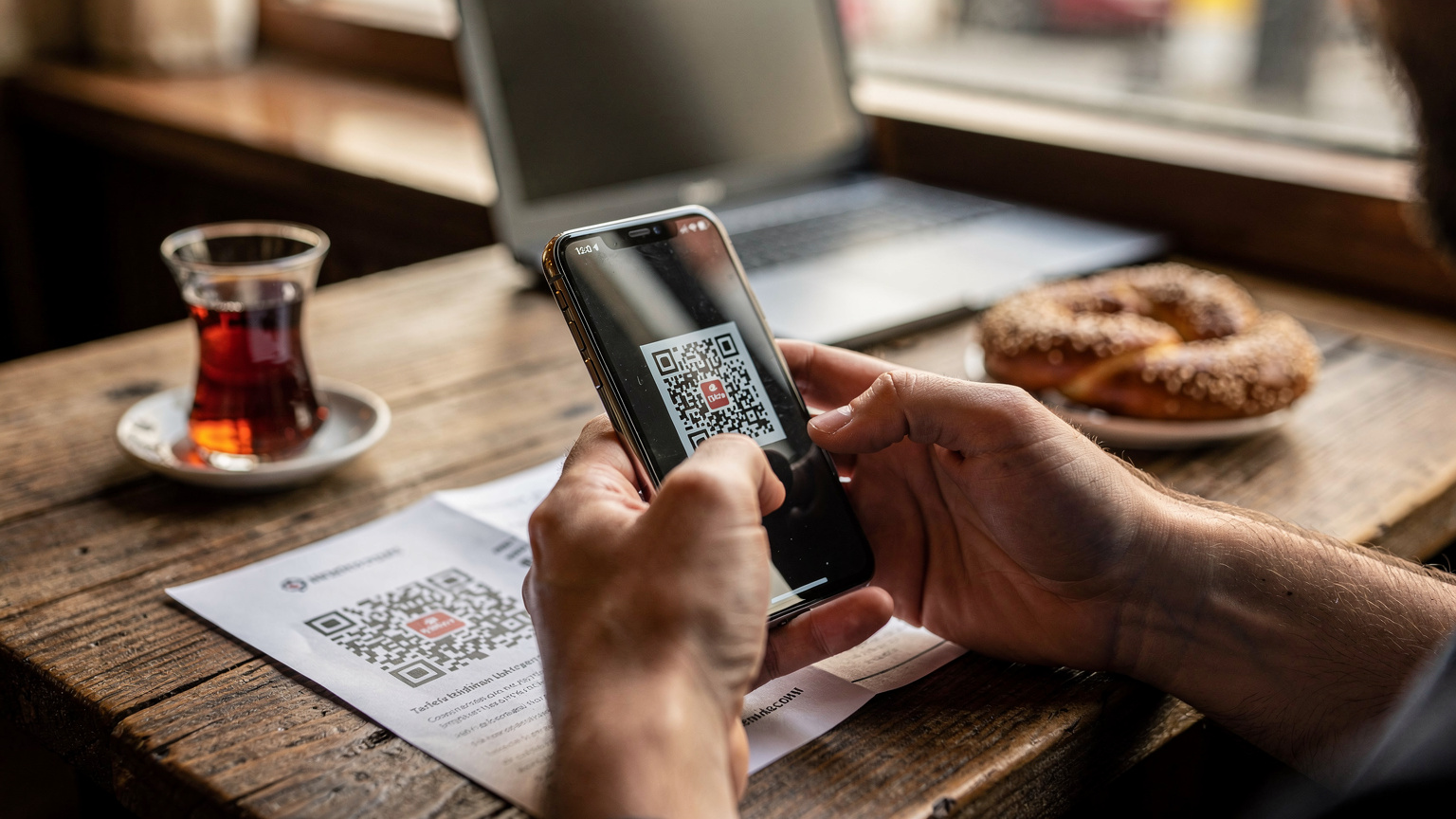 Bir kafe masasında, bir gezginin elleri açık dizüstü bilgisayarının yanında telefonunda bir QR kodunu tarıyor, hafif bulanık arka planda Türk çayı ve simit.