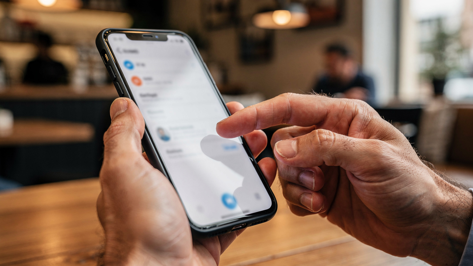 Bir kafe ortamında, bir elin akıllı telefonu tuttuğu ve diğer elin telefonun ayarlar menüsünde eSIM seçeneğini seçtiği yakın çekim.