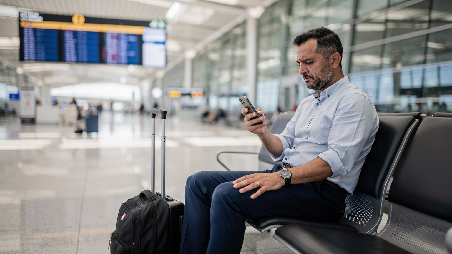 Ein Reisender sitzt nachdenklich am Flughafen Istanbul, sein Smartphone in der Hand, während er auf eine Anzeigetafel blickt, was die Unsicherheit ohne zuverlässige Konnektivität darstellt.