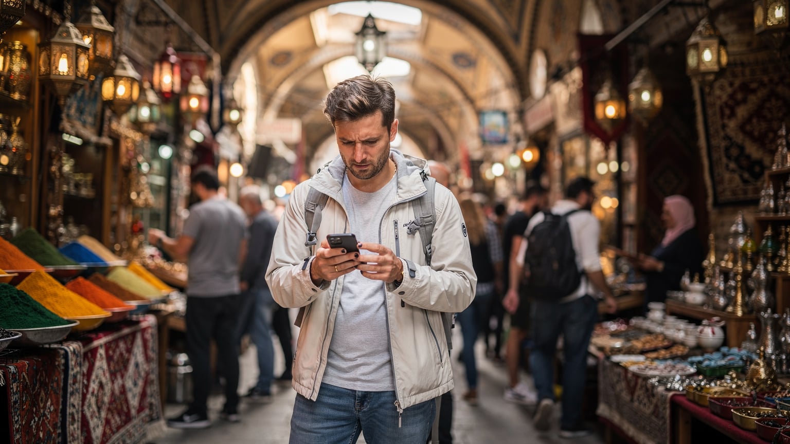 Ein Reisender nutzt sein Smartphone für eine Wegbeschreibung in den lebhaften Gassen des Großen Basars in Istanbul, umringt von bunten Geschäften und Menschen.