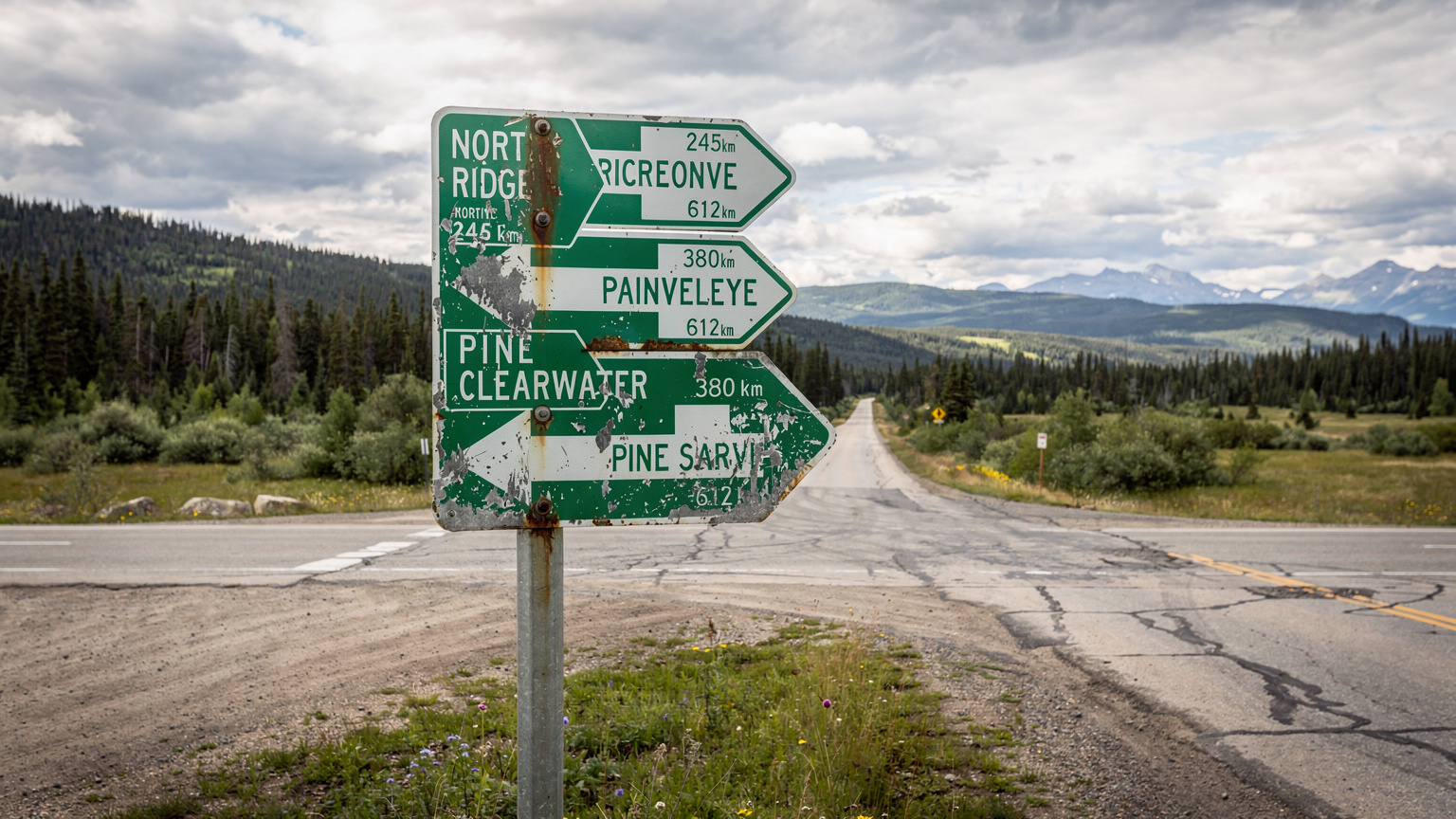 Un panneau de signalisation solitaire au Canada indiquant des directions vers des villes distantes et peu peuplées, avec un arrière-plan de forêts et de montagnes, suggérant de longues distances sans couverture réseau.
