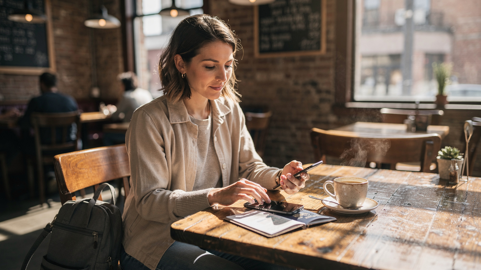 Une femme assise dans un café montréalais avec son téléphone à la main, son passeport et une tasse de café sur la table, planifiant son itinéraire et activant son eSIM avant de partir.