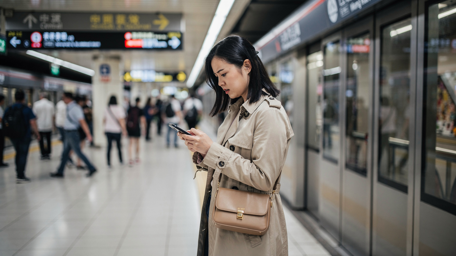 一名女性旅客在香港繁忙的港鐵站內,手持手機查看eSIM設置,周圍是通勤的人群。