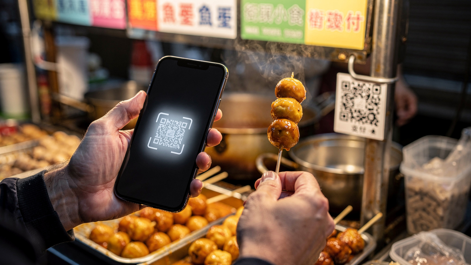 香港街頭,一個熱鬧的小吃攤位前,一位旅客正在使用手機掃描二維碼支付,體驗便捷的移動生活。